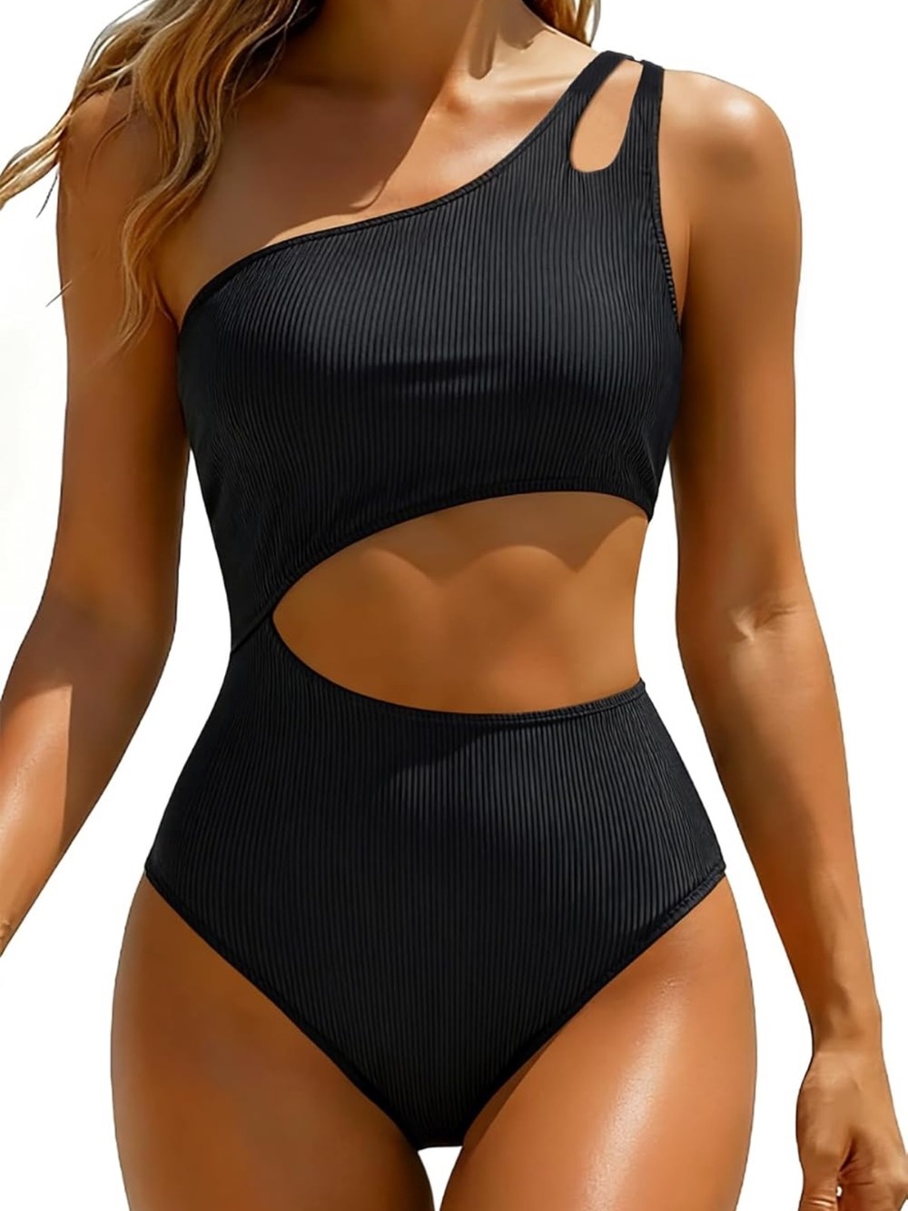One-Shoulder Cutout Black Ribbed One-Piece Swimsuit
